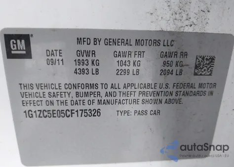 2012 Chevrolet Malibu 1Lt from USA, damaged, VIN 1G1ZC5E05CF175326
